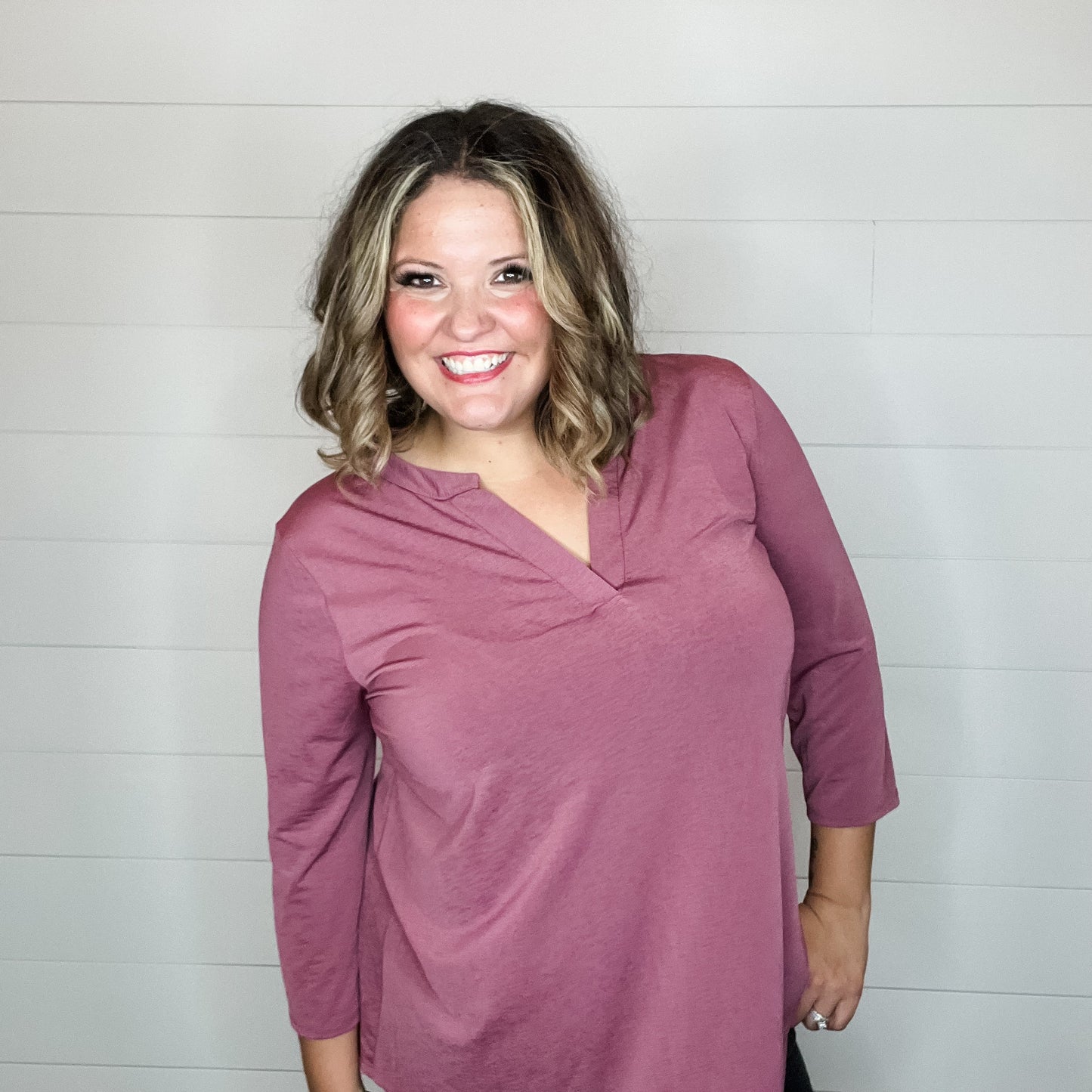 "Oh We Did" 3/4 Sleeve Split Neck (Dark Mauve)
