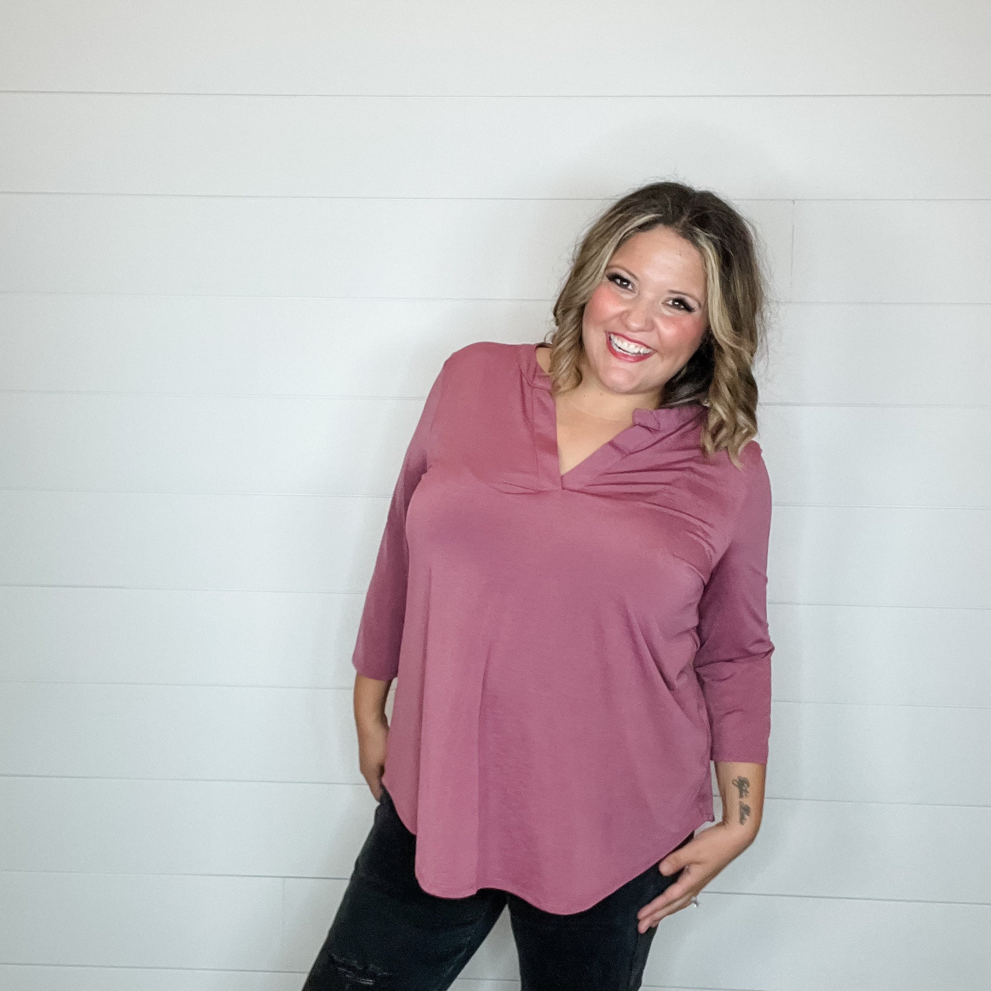 "Oh We Did" 3/4 Sleeve Split Neck (Dark Mauve)