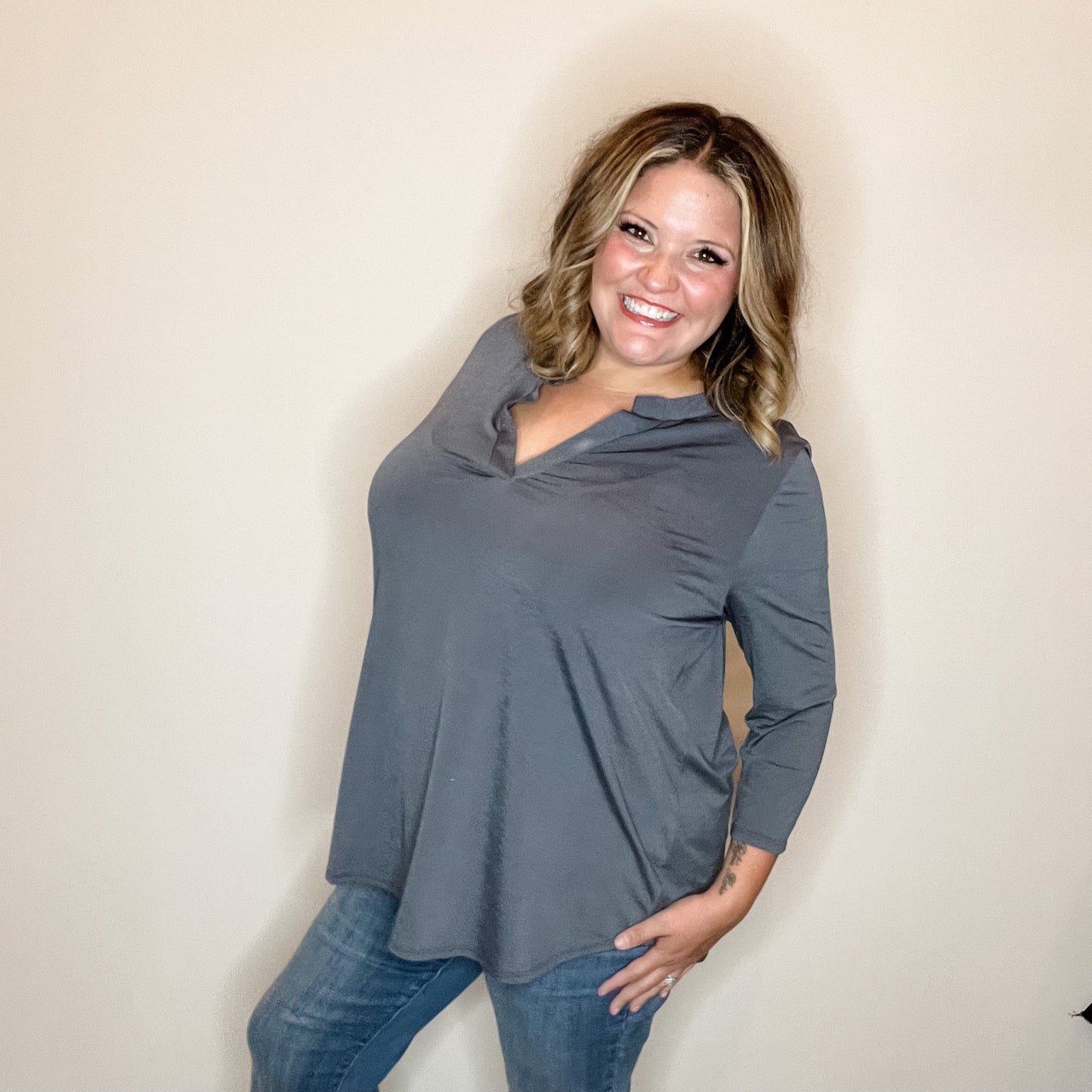 "Oh We Did" 3/4 Sleeve Split Neck (Gray)