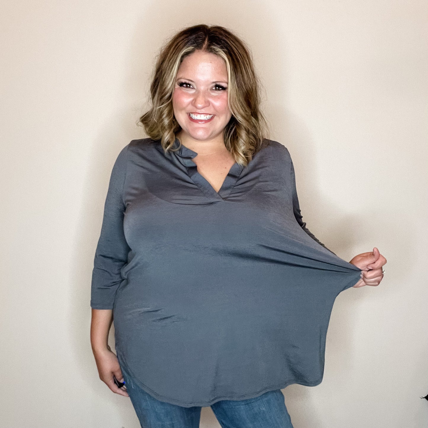 "Oh We Did" 3/4 Sleeve Split Neck (Gray)