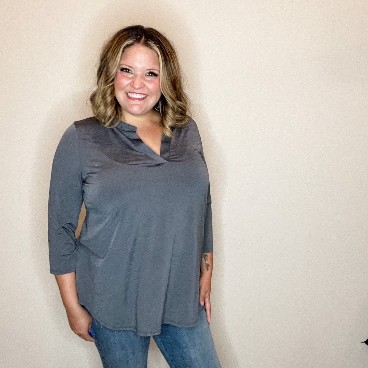 "Oh We Did" 3/4 Sleeve Split Neck (Gray)