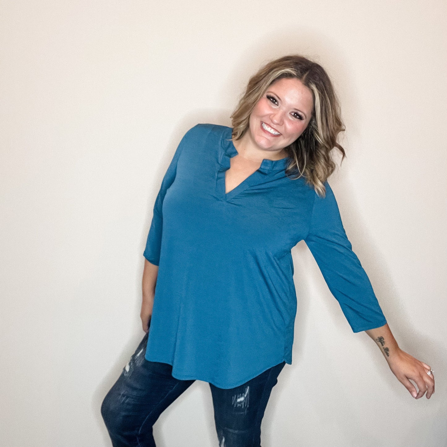 "Oh We Did" 3/4 Sleeve Split Neck (Teal)
