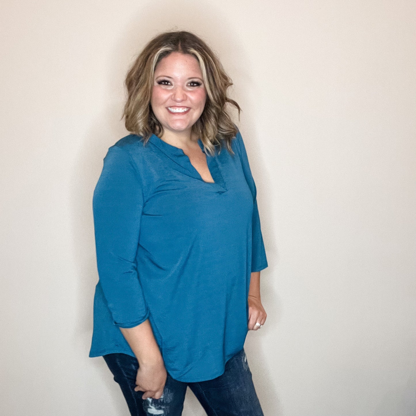 "Oh We Did" 3/4 Sleeve Split Neck (Teal)