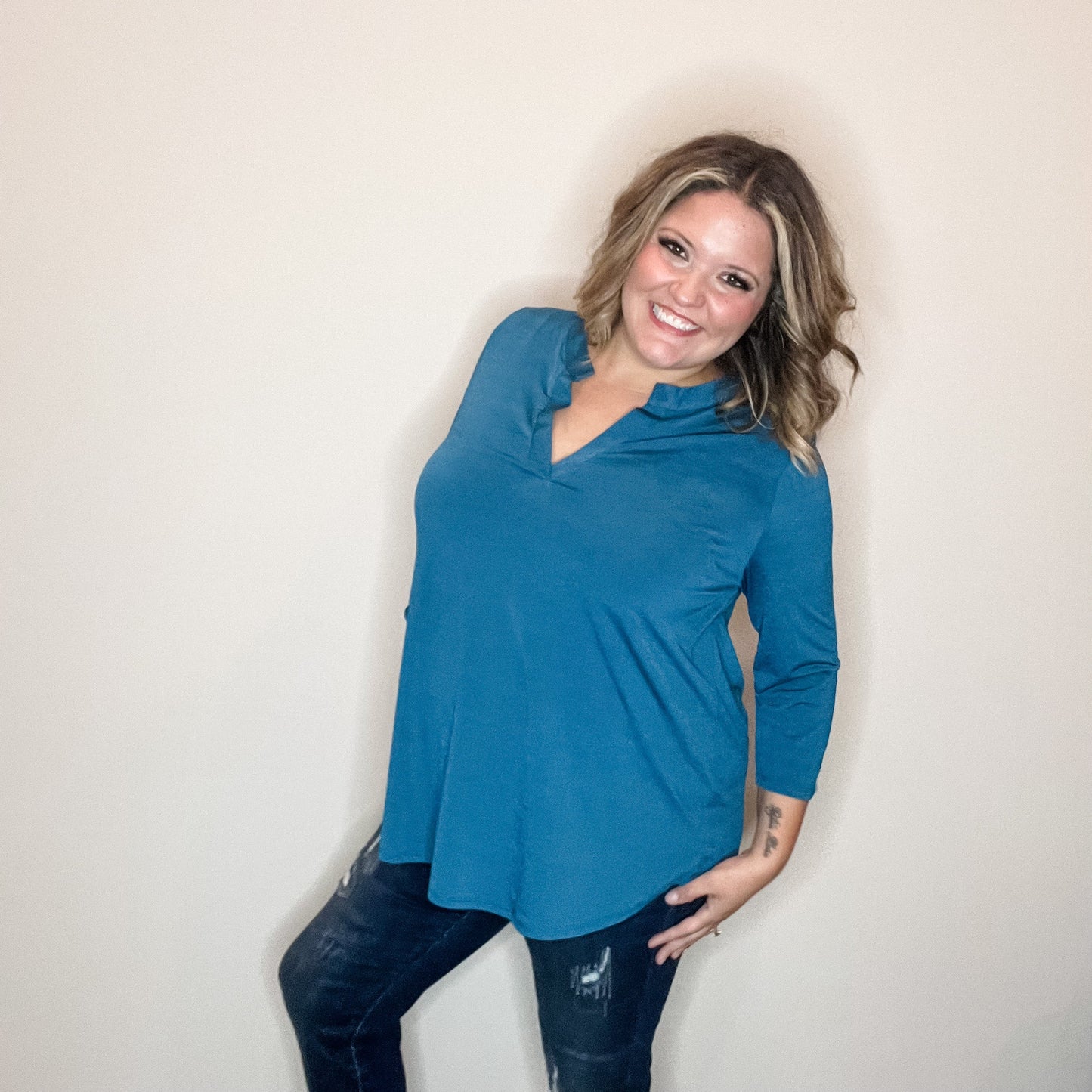 "Oh We Did" 3/4 Sleeve Split Neck (Teal)