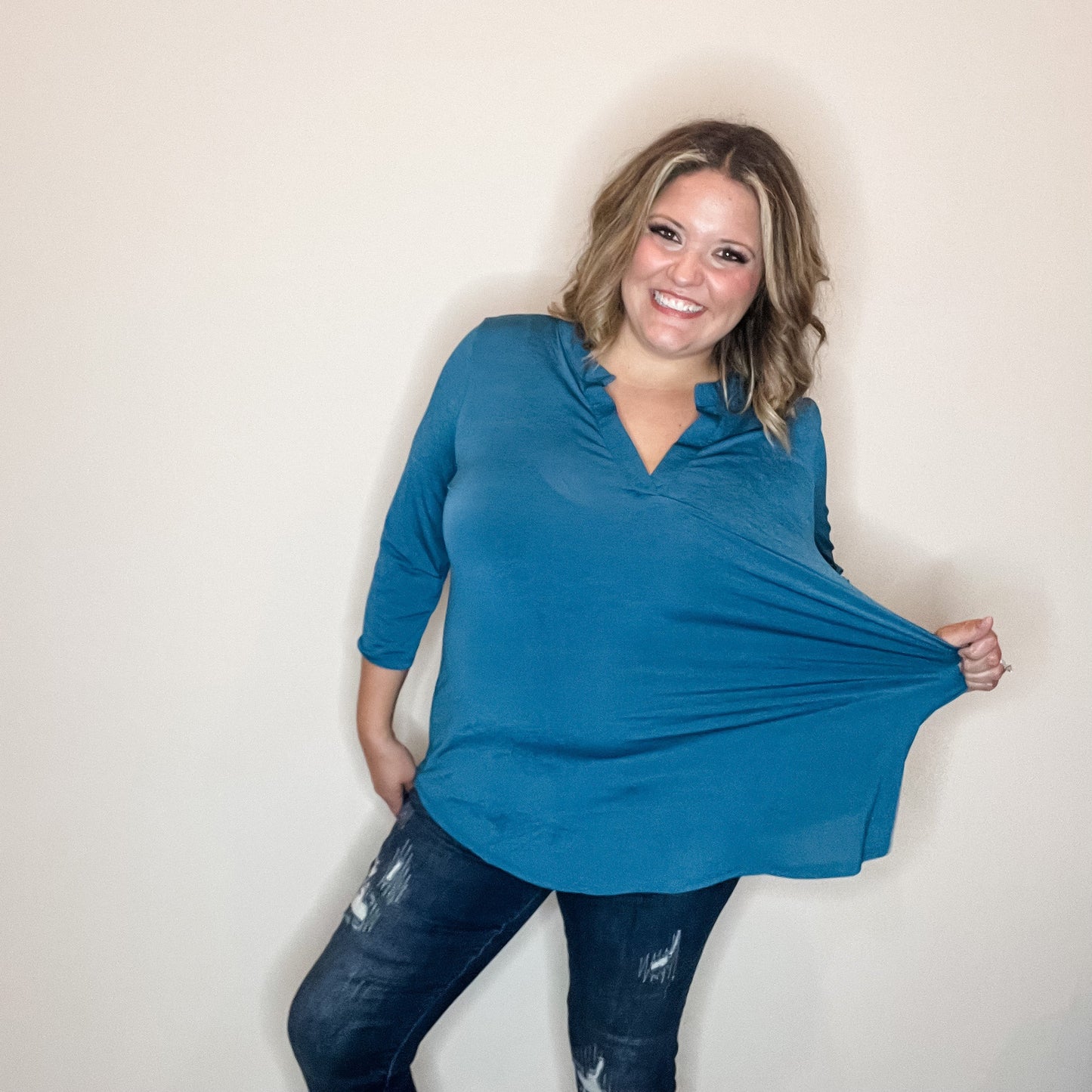 "Oh We Did" 3/4 Sleeve Split Neck (Teal)