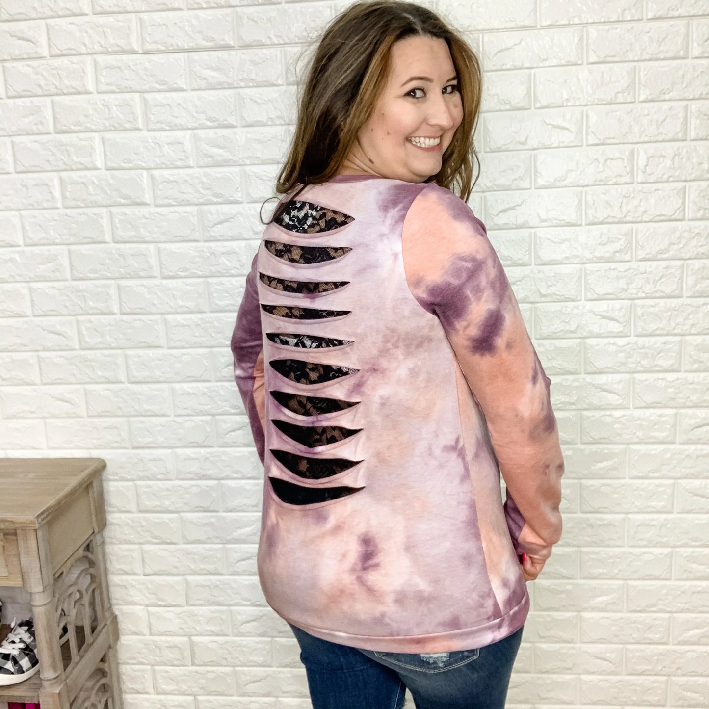 "Oh Yes Girlfriend" Laser Cut Back Design Lace Inserts Long Sleeve