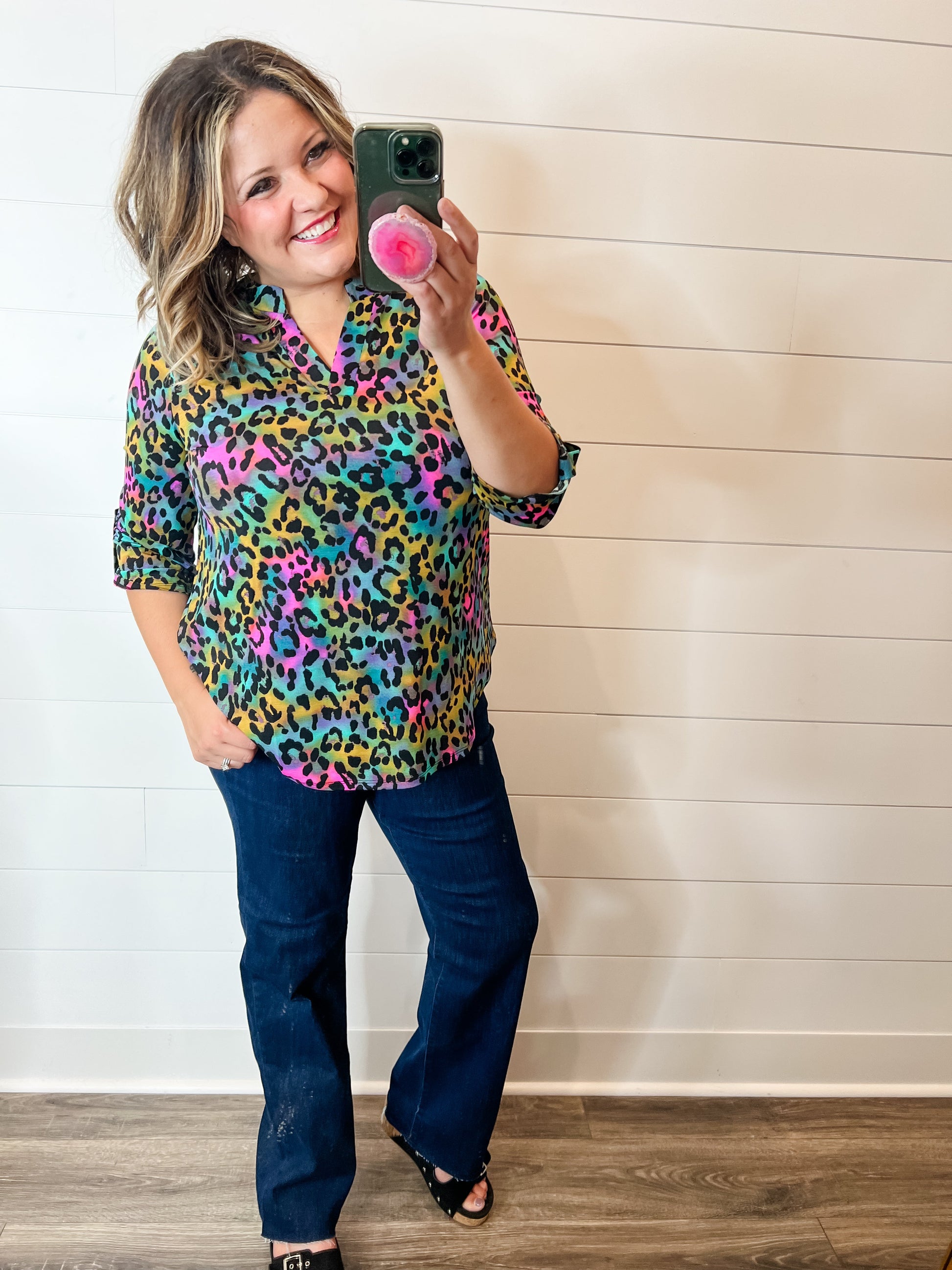 "Onida" Animal Print Lizzy 3/4 Sleeve Split Neck