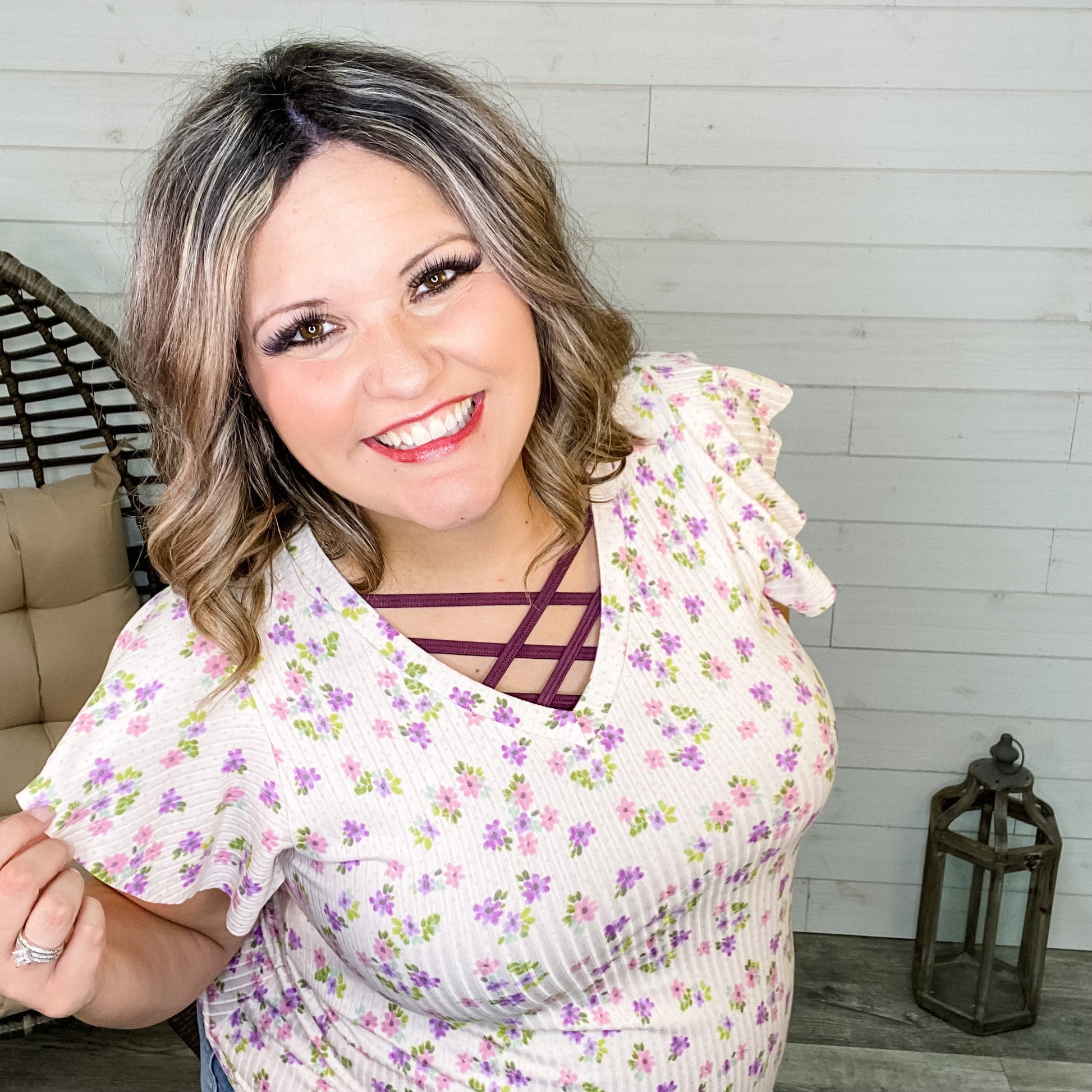 "Oopsie Daisy" Floral Ruffle Sleeve V Neck