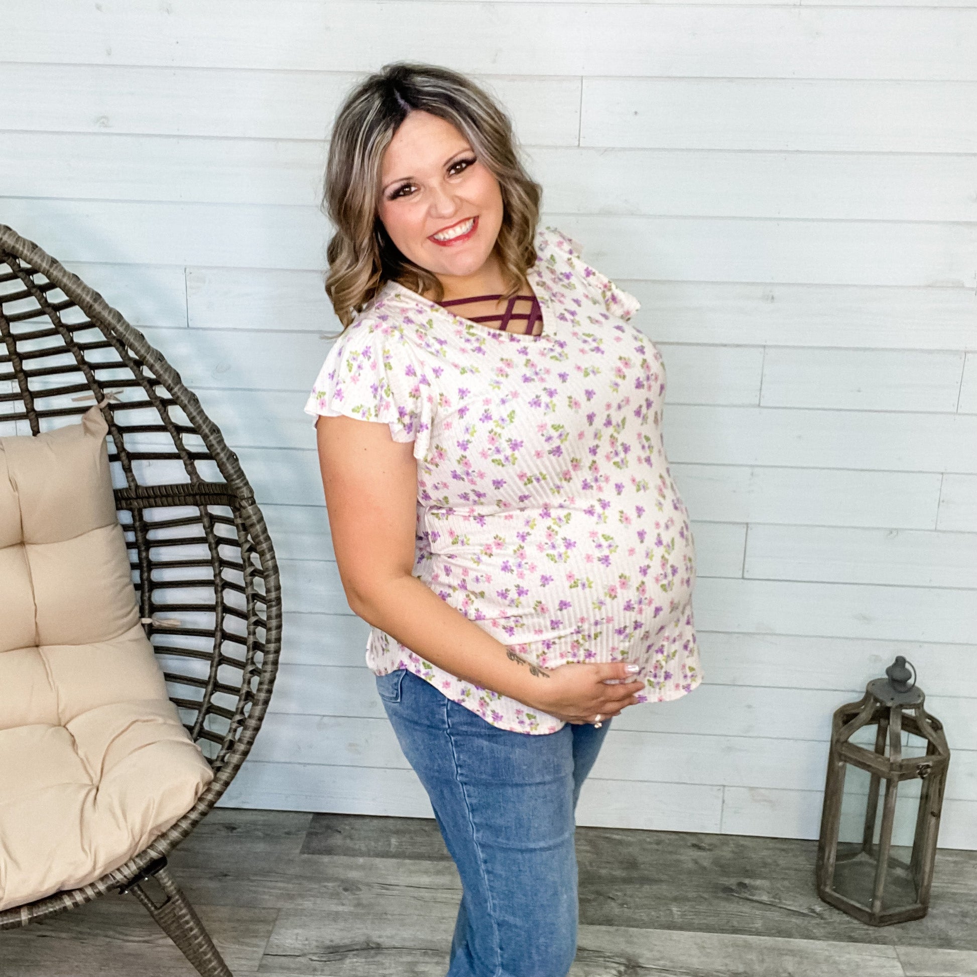 "Oopsie Daisy" Floral Ruffle Sleeve V Neck