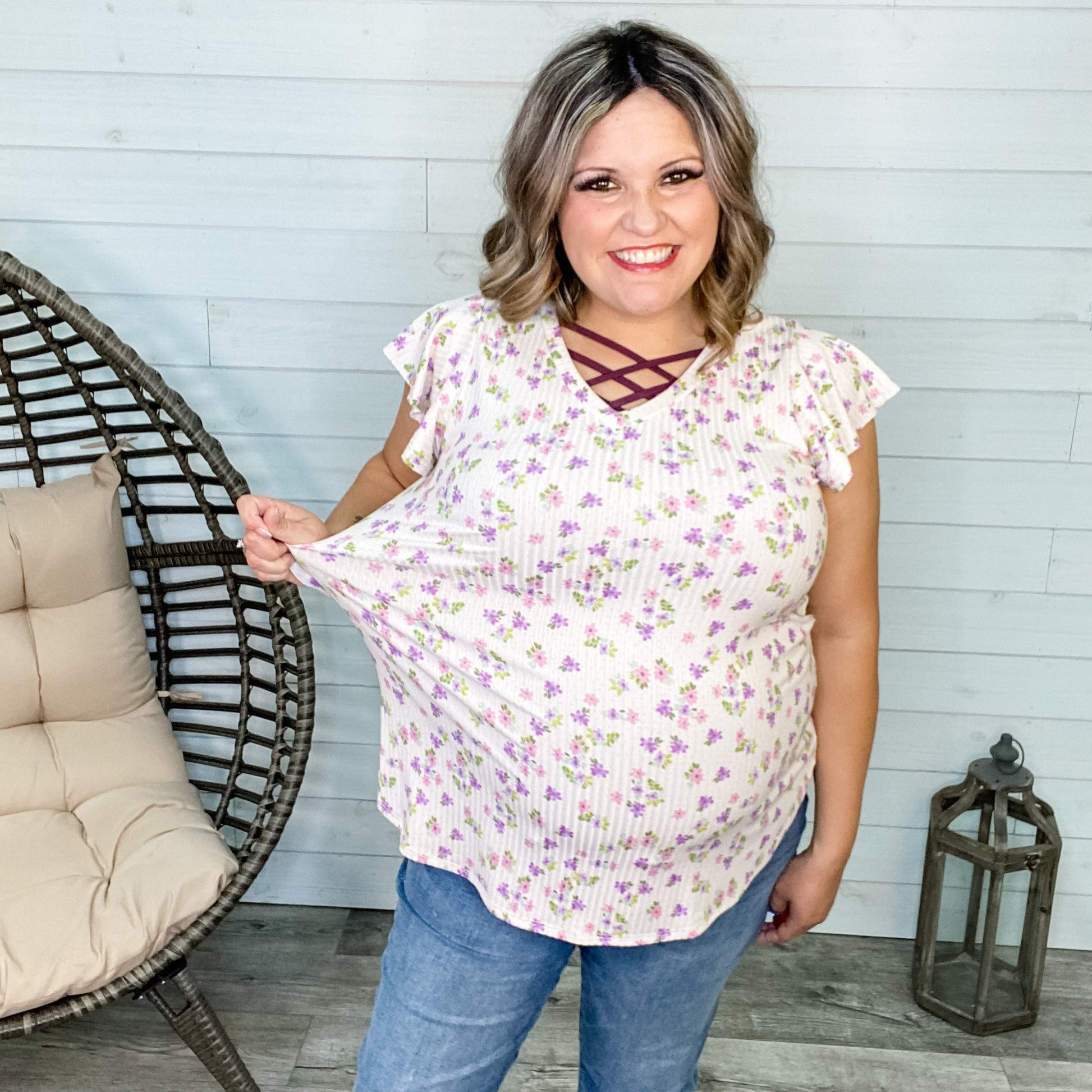 "Oopsie Daisy" Floral Ruffle Sleeve V Neck