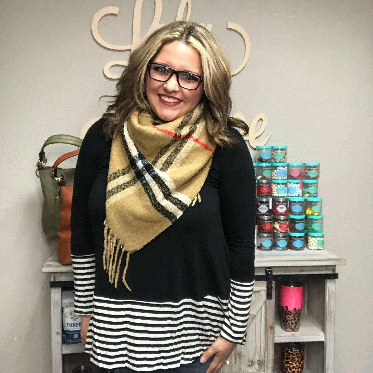 Oversized Square Tan Plaid Scarf with Knotted Fringe