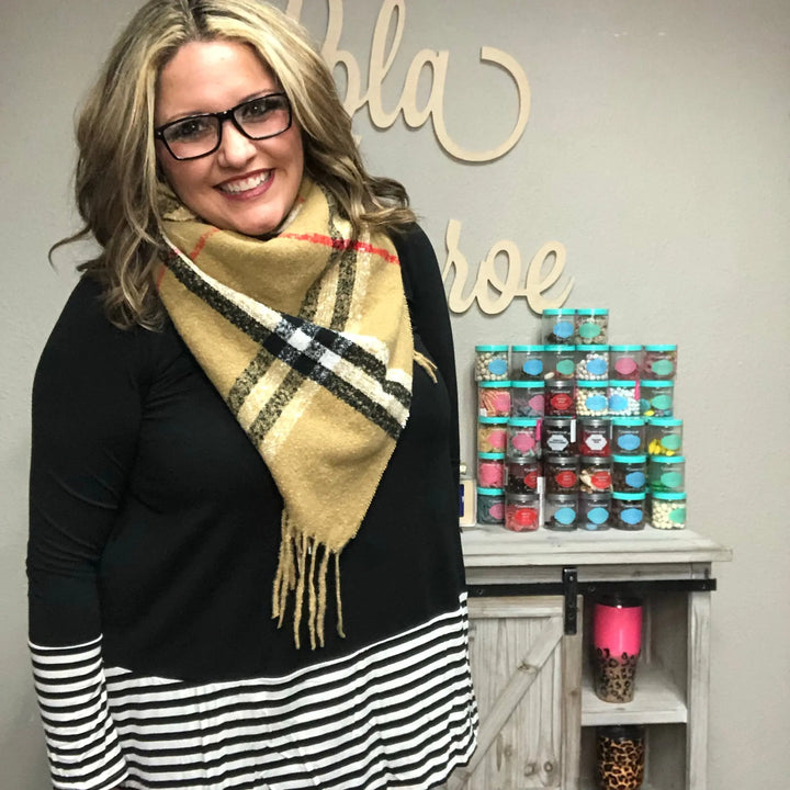 Oversized Square Tan Plaid Scarf with Knotted Fringe