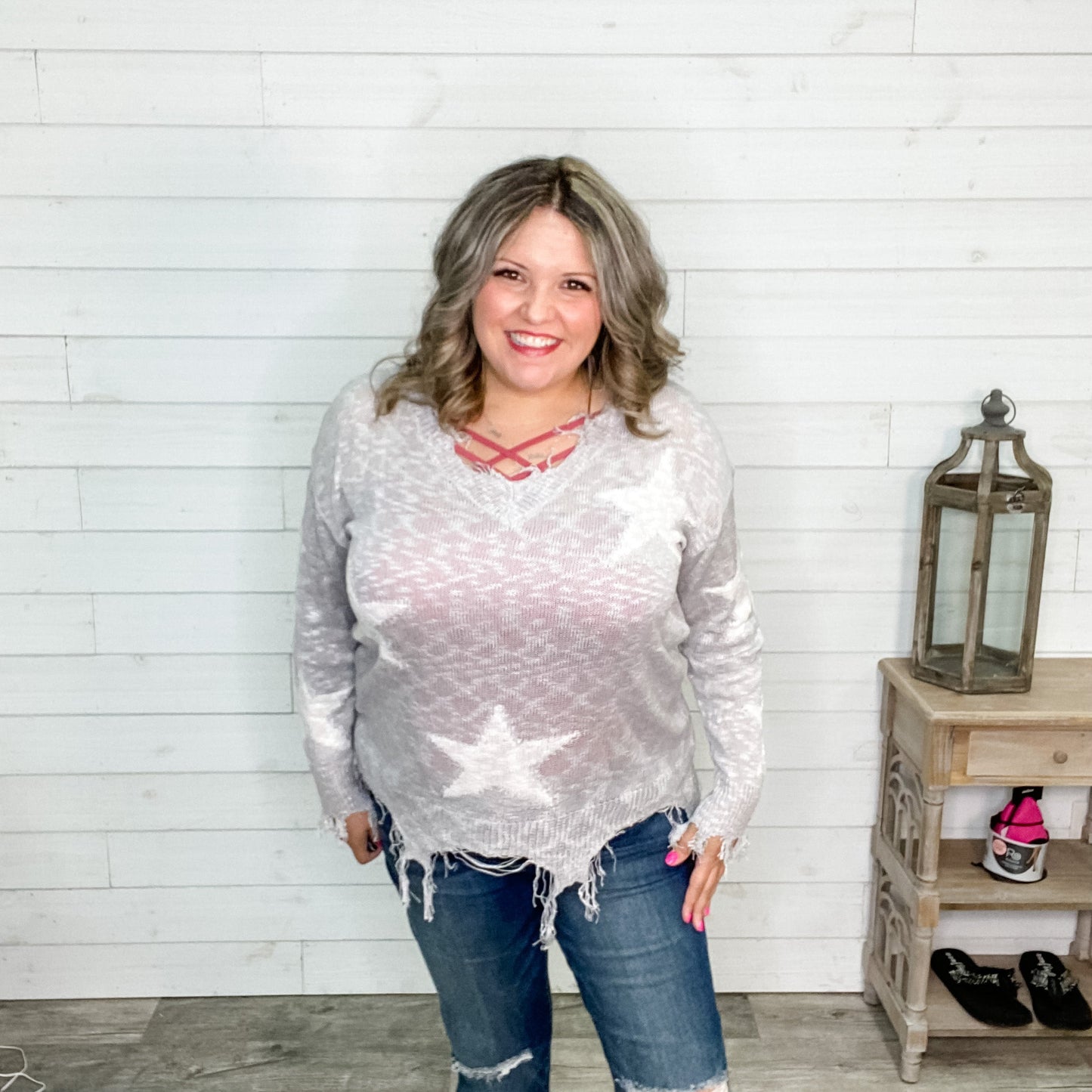 "Party All Night" Distressed Sweater (Silver)