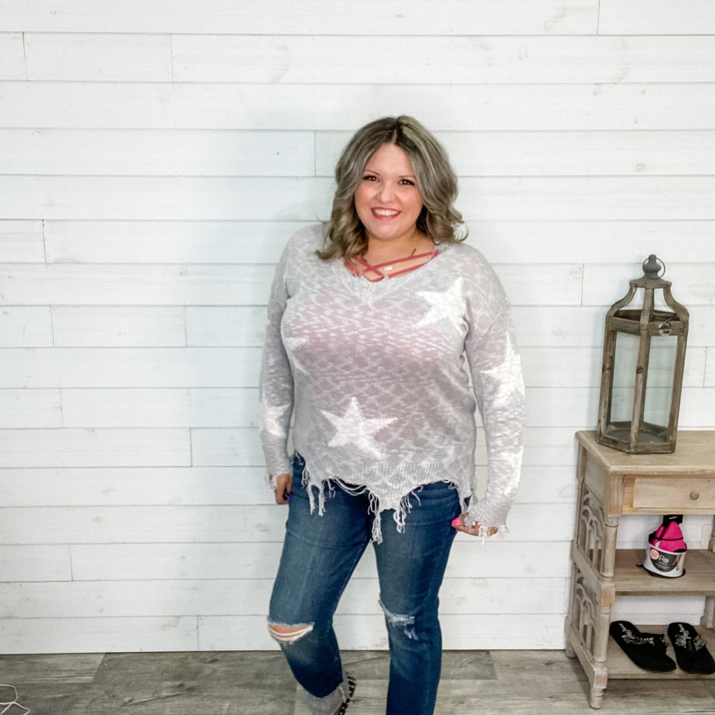 "Party All Night" Distressed Sweater (Silver)