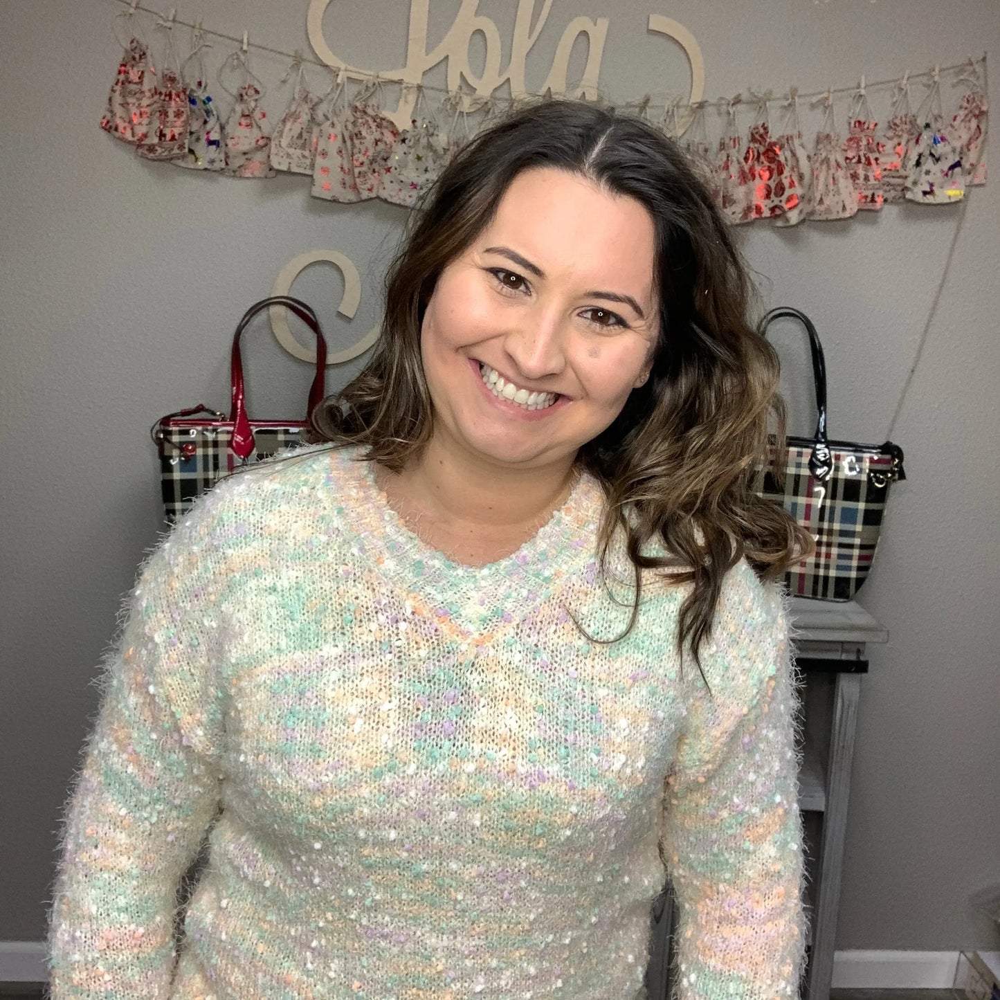 "Pastel Promise" Pom Pom V Neck Sweater