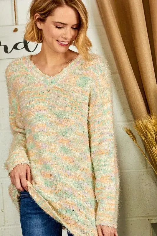 "Pastel Promise" Pom Pom V Neck Sweater