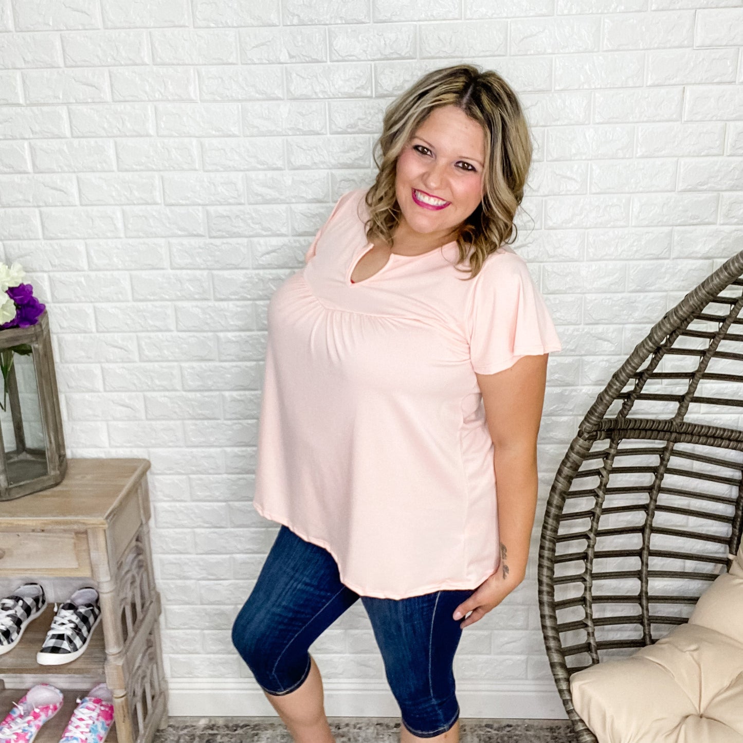 "Peaceful Peach" Cap Sleeve Split Neck