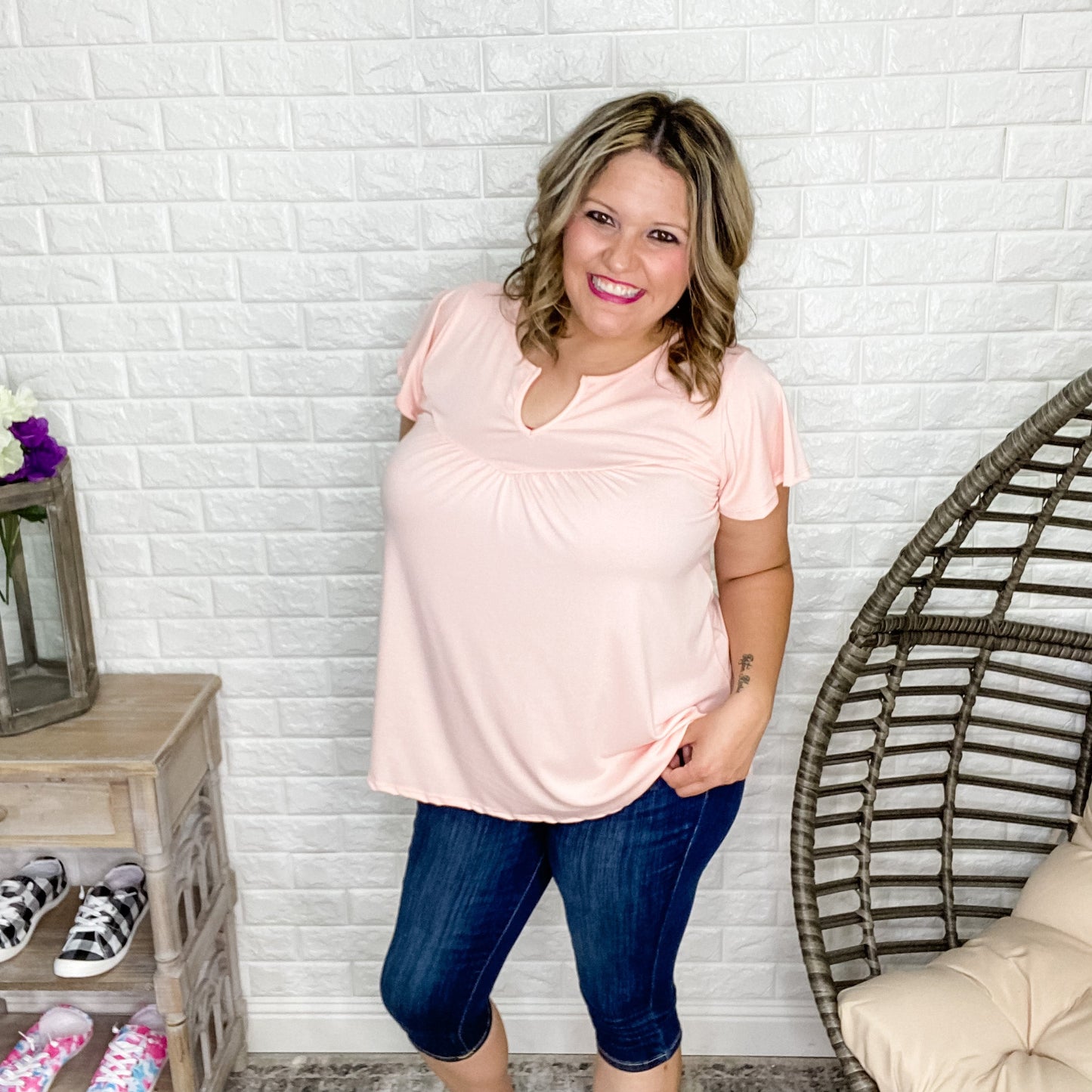 "Peaceful Peach" Cap Sleeve Split Neck