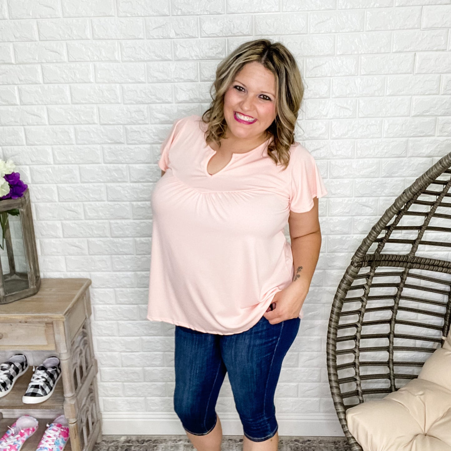 "Peaceful Peach" Cap Sleeve Split Neck