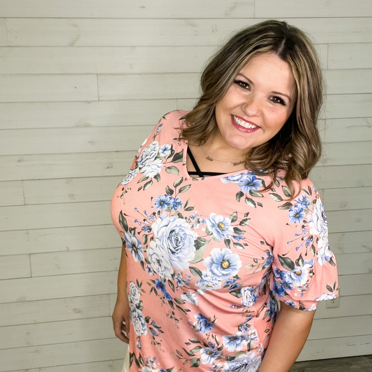 "Peachy Keen Jelly Bean" Floral Ruffle Short Sleeve V Neck