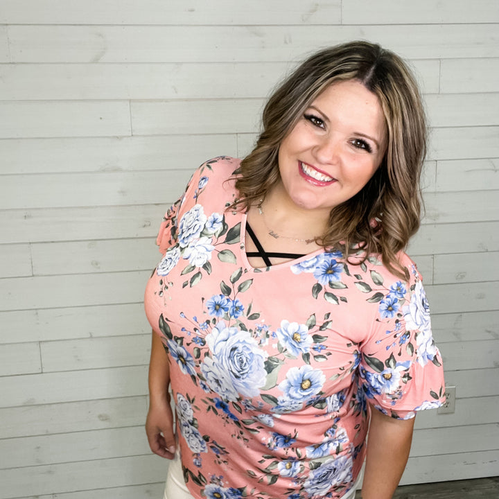 "Peachy Keen Jelly Bean" Floral Ruffle Short Sleeve V Neck