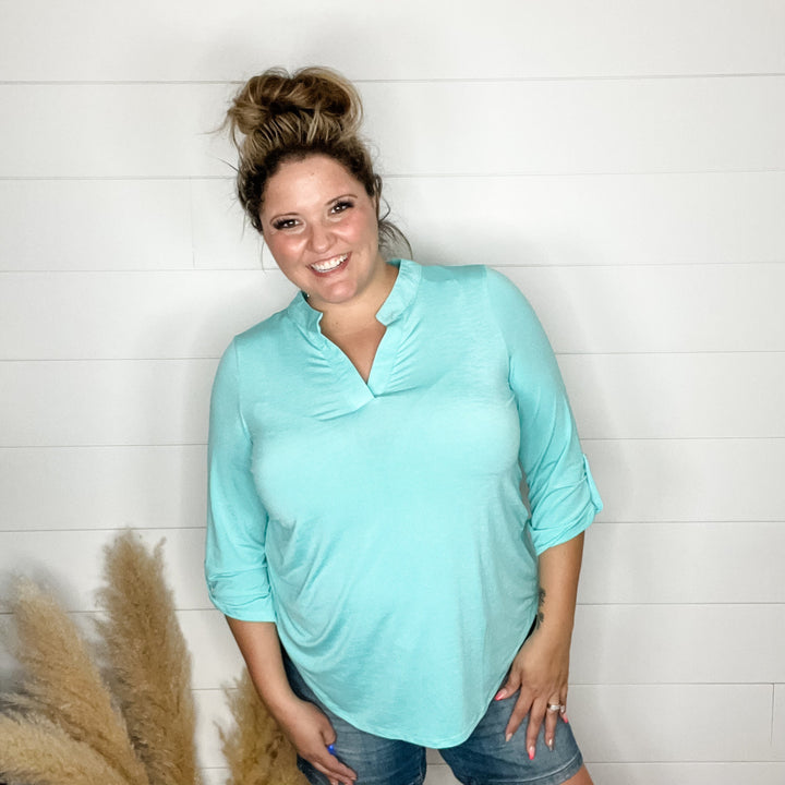 "Pearlie" Solid Color 3/4 Sleeve Split Neck (Neon Blue)