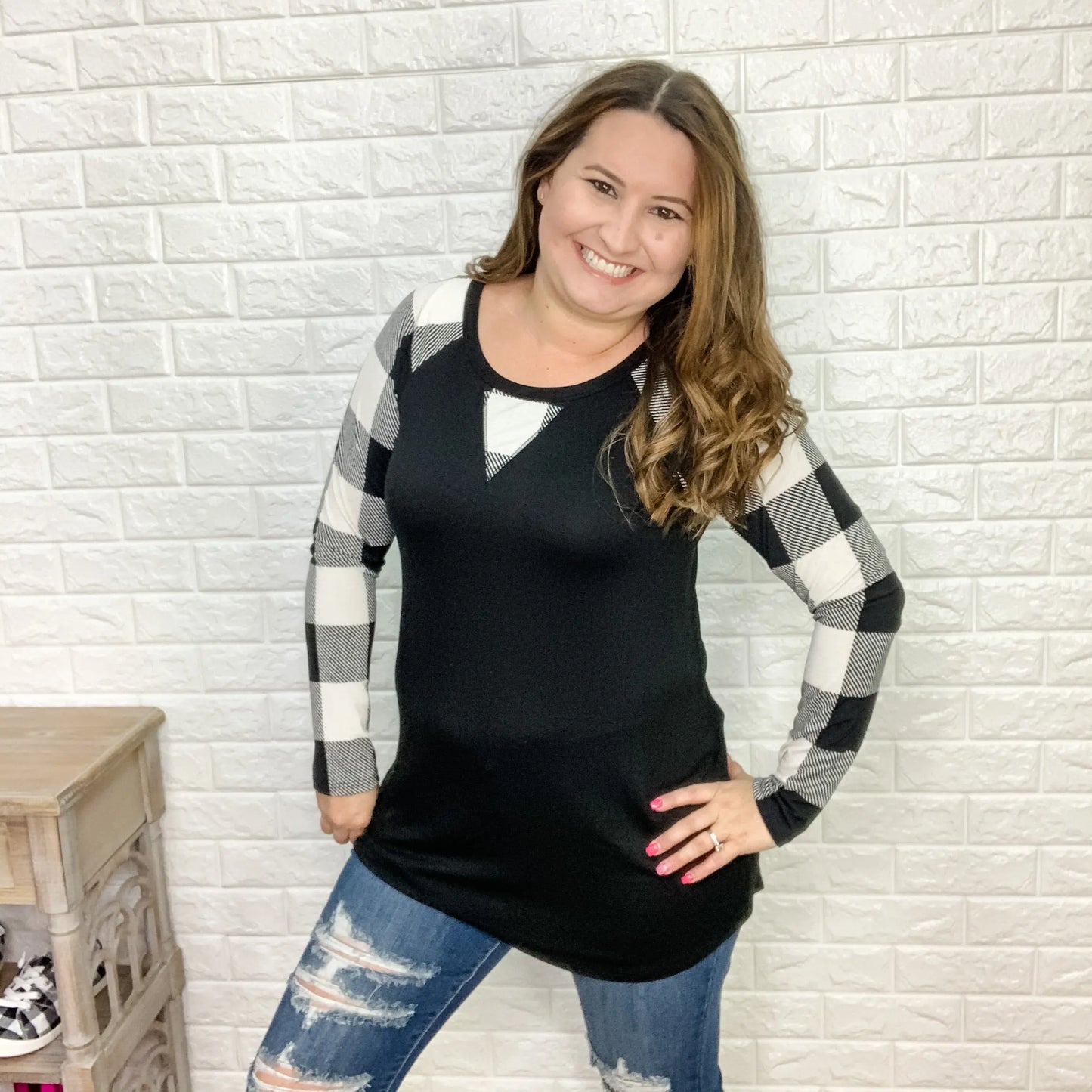 "Peeking Plaid" Long Sleeve Top (Black & White)