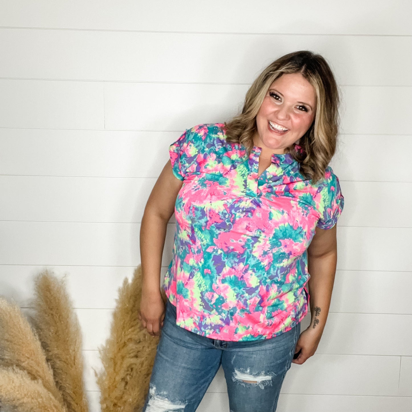 "Perkins" Split Neck Cuffed Short Sleeve