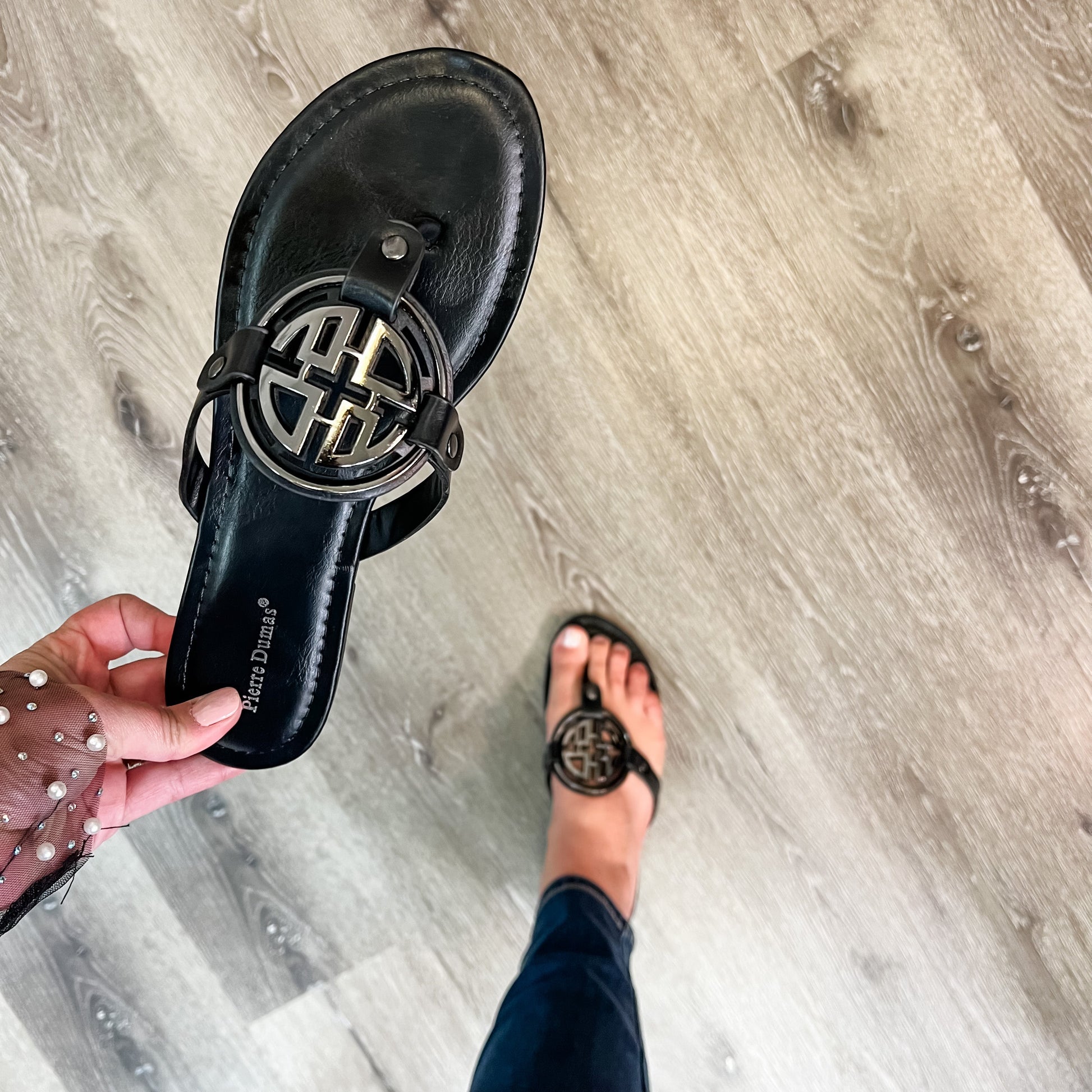 Pierre Dumas Designer Inspired Sandal (Black with Pewter Design)