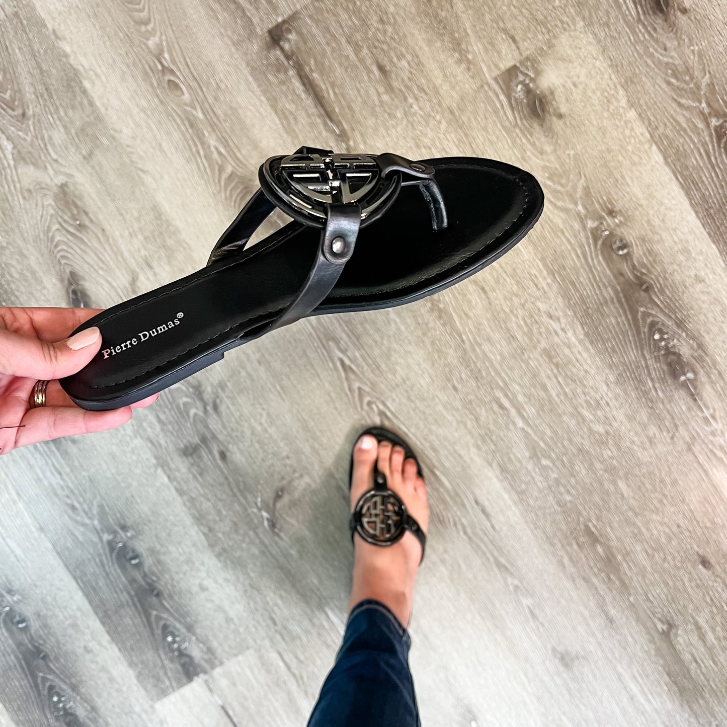 Pierre Dumas Designer Inspired Sandal (Black with Pewter Design)