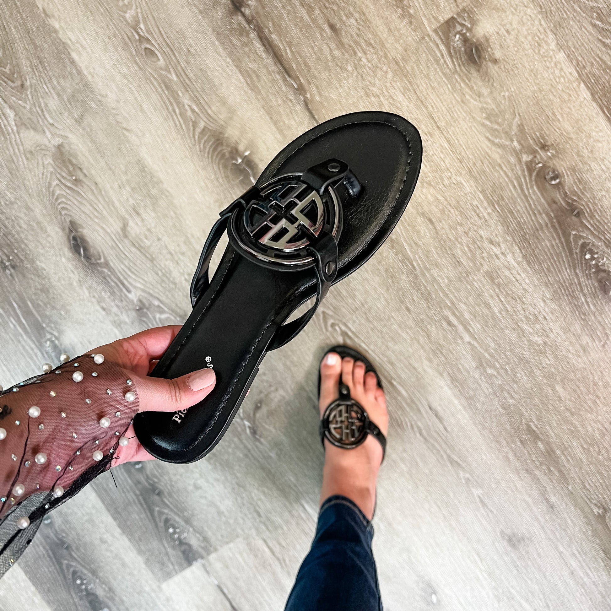Pierre Dumas Designer Inspired Sandal (Black with Pewter Design)