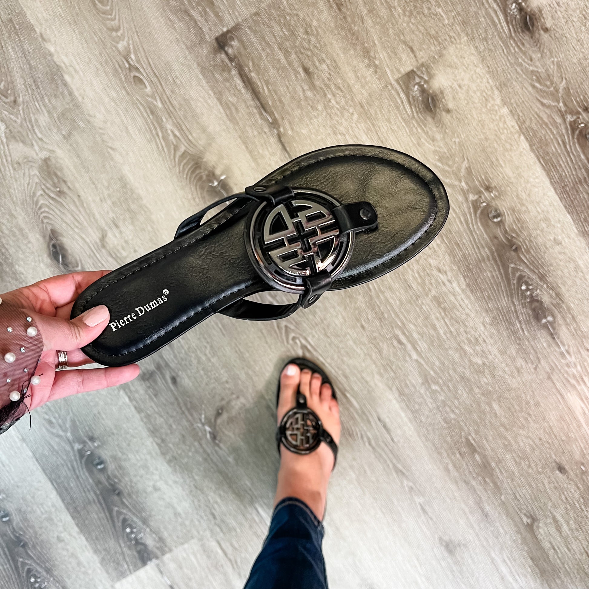 Pierre Dumas Designer Inspired Sandal (Black with Pewter Design)