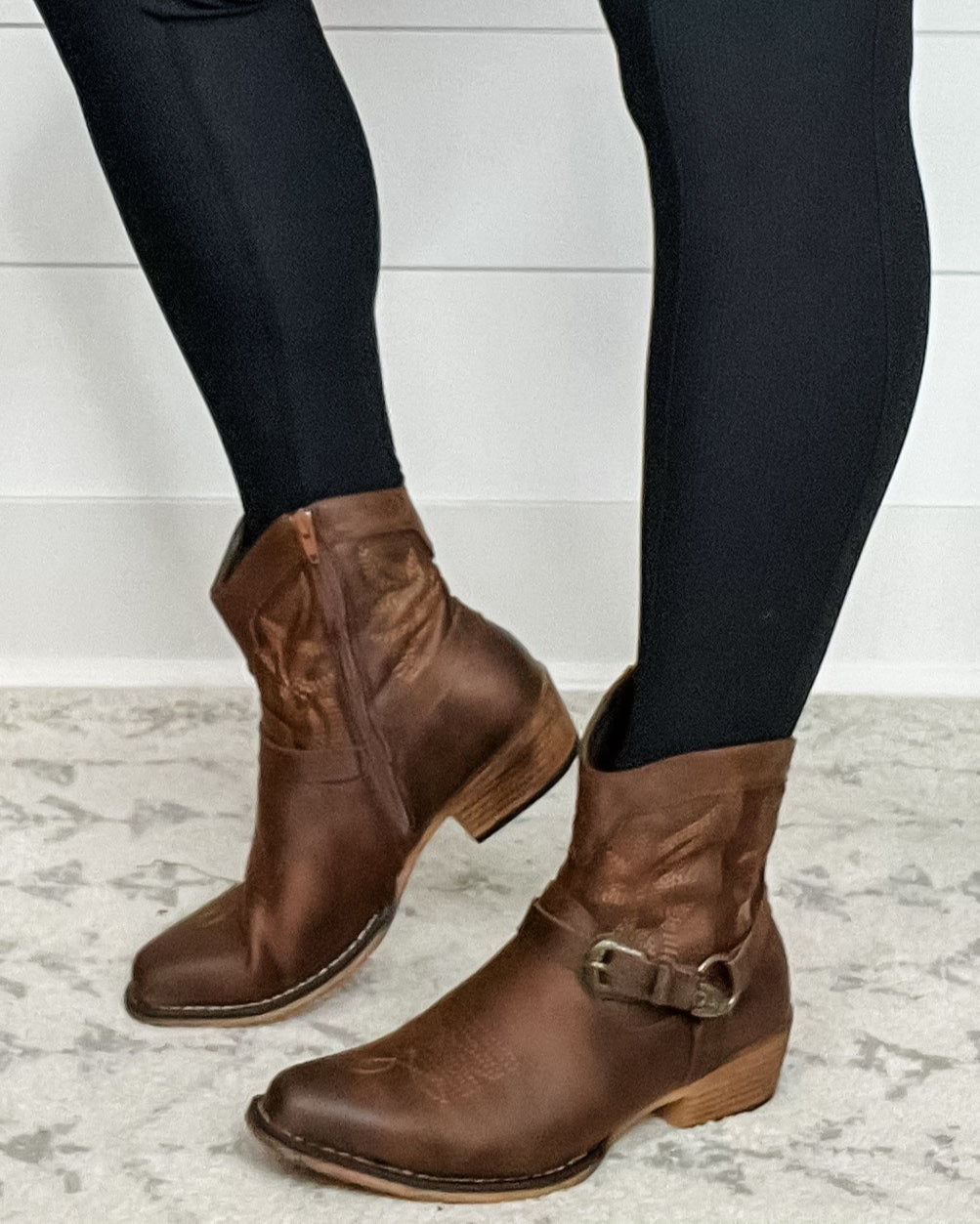 Pierre Dumas "Kaylee" Vegan Leather Side Zip Bootie with Buckle Detail (Brown)