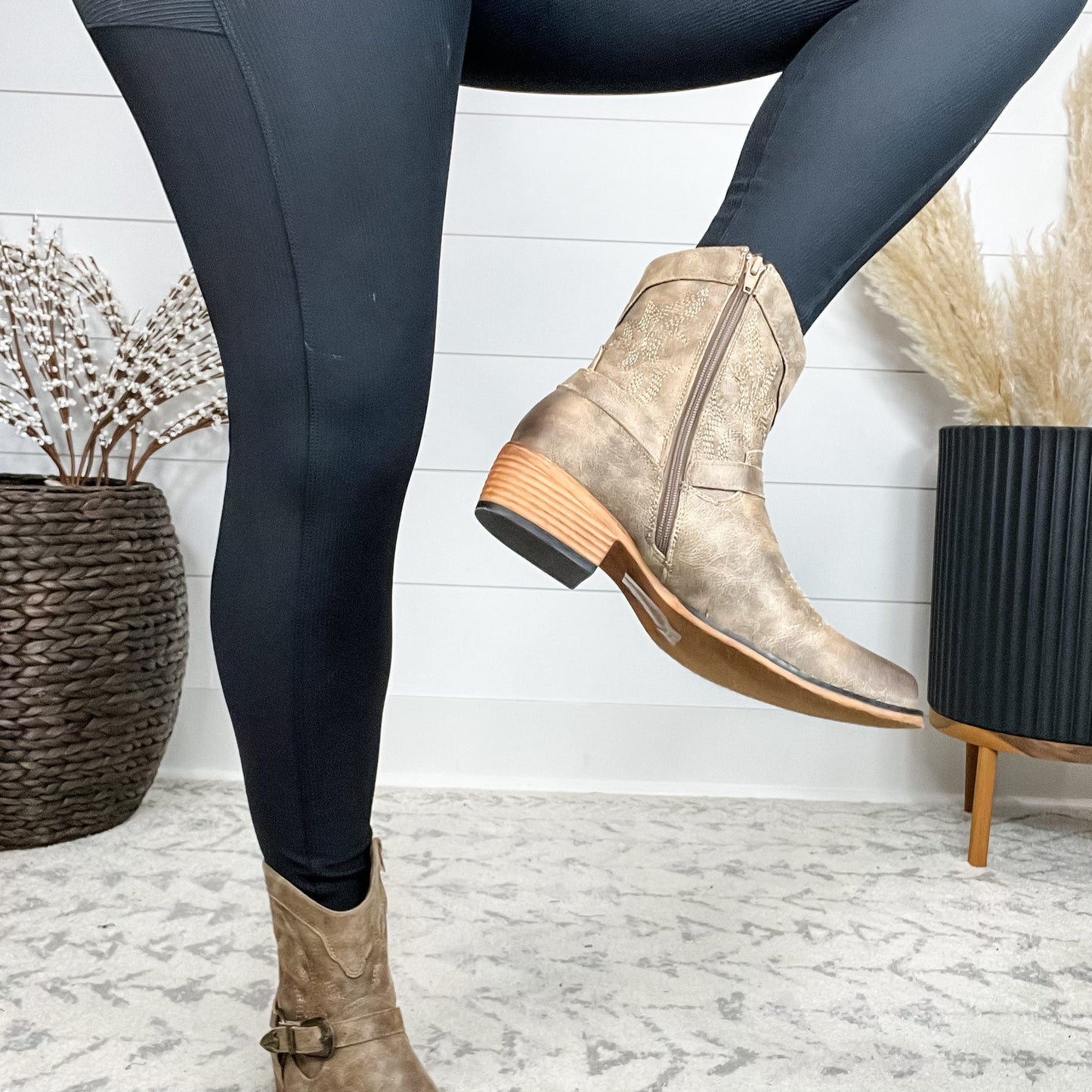 Pierre Dumas "Kaylee" Vegan Leather Side Zip Bootie with Buckle Detail (Taupe)
