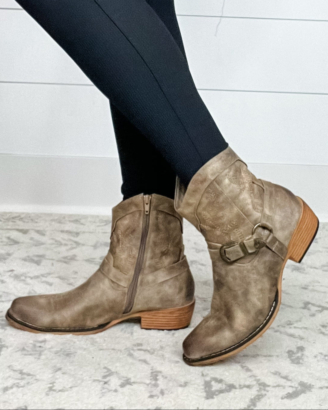 Pierre Dumas "Kaylee" Vegan Leather Side Zip Bootie with Buckle Detail (Taupe)