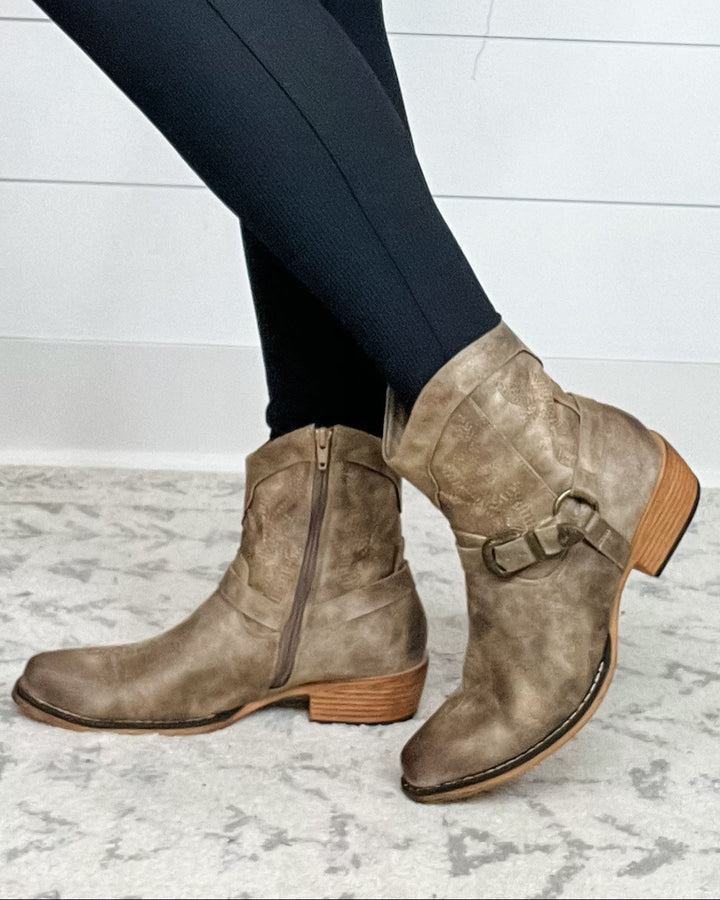 Pierre Dumas "Kaylee" Vegan Leather Side Zip Bootie with Buckle Detail (Taupe)