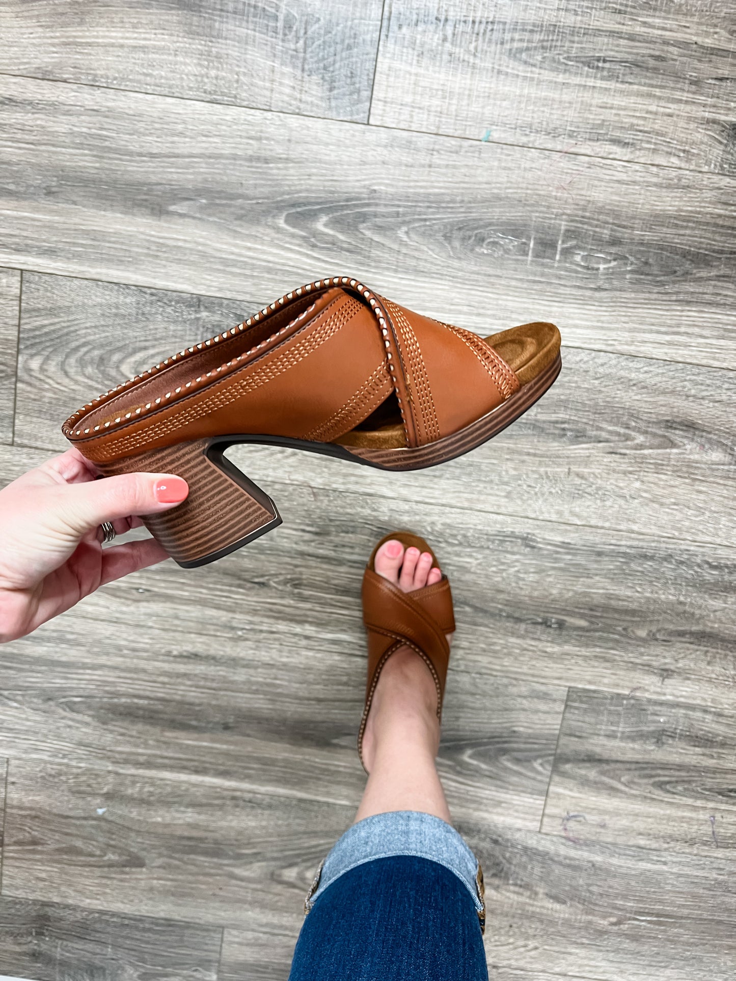 Pierre Dumas "Morgen" Criss Cross Design Slip On Block Heel Sandals (Cognac)