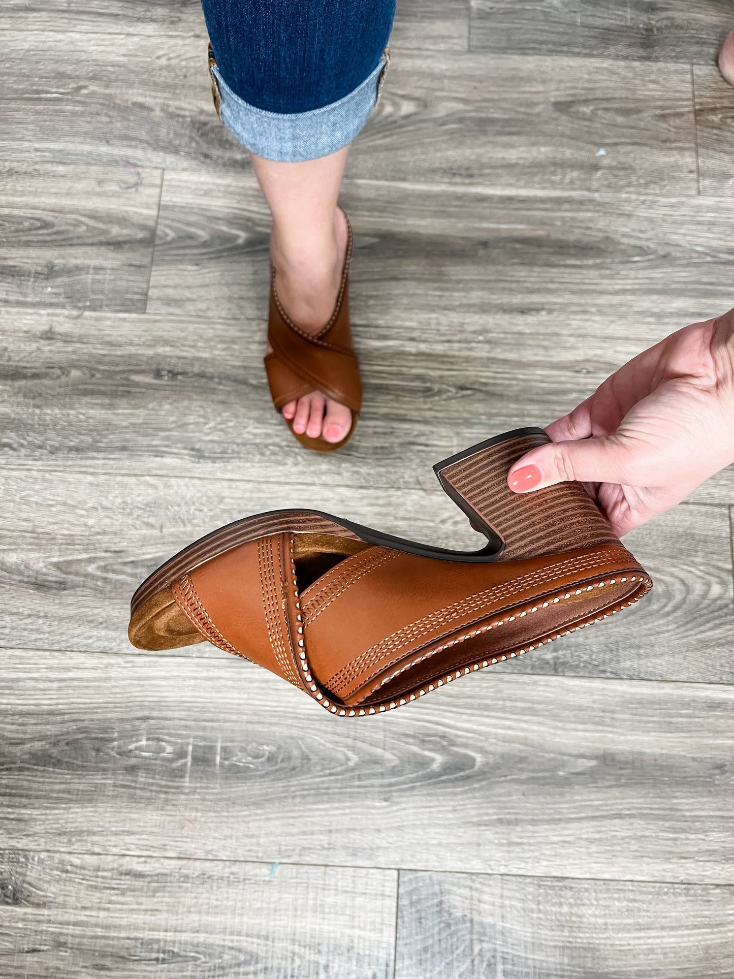 Pierre Dumas "Morgen" Criss Cross Design Slip On Block Heel Sandals (Cognac)