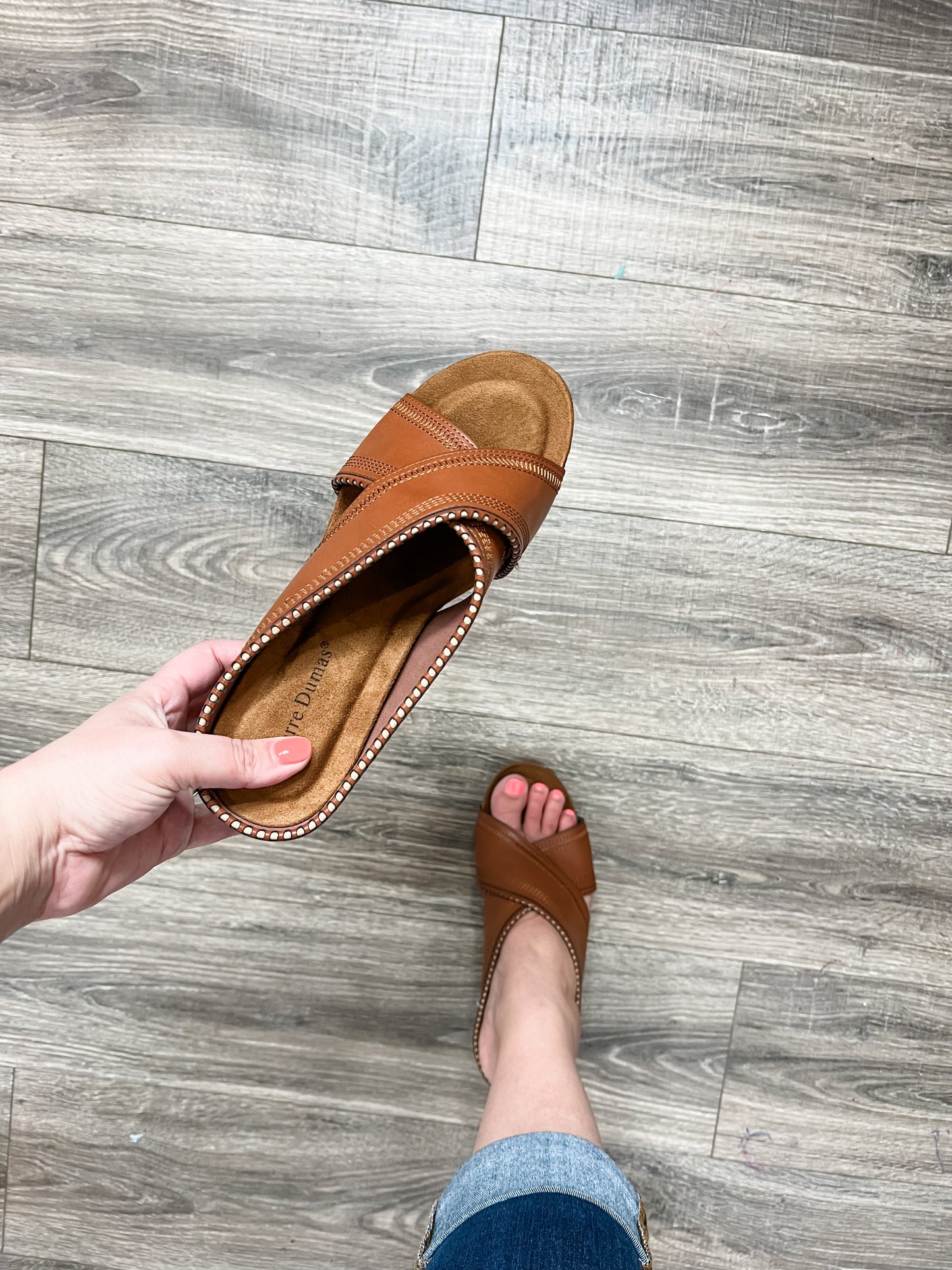Pierre Dumas "Morgen" Criss Cross Design Slip On Block Heel Sandals (Cognac)