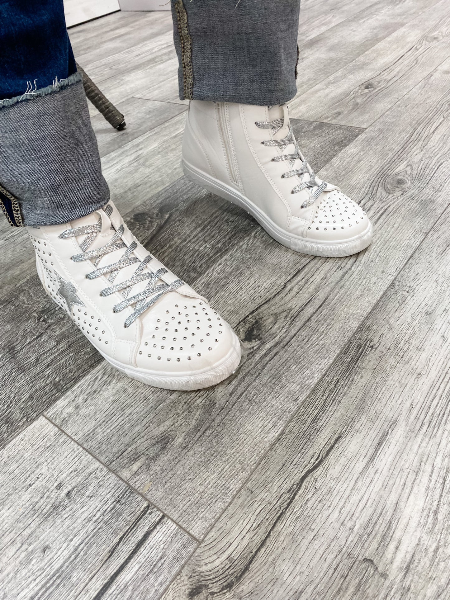Pierre Dumas "Star Studded" High Top Side Zip Sneaker (White and Silver)