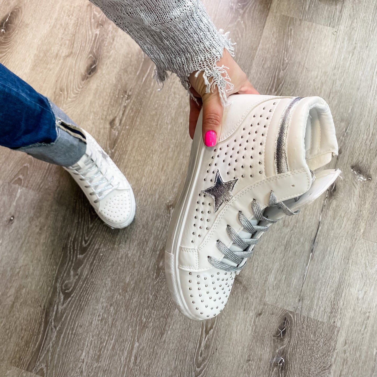 Pierre Dumas "Star Studded" High Top Side Zip Sneaker (White and Silver)