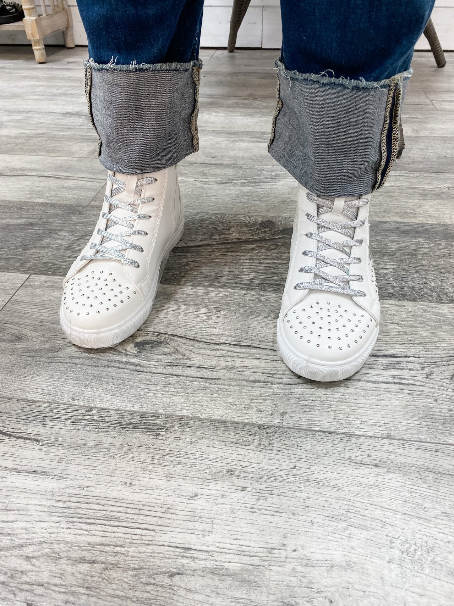 Pierre Dumas "Star Studded" High Top Side Zip Sneaker (White and Silver)
