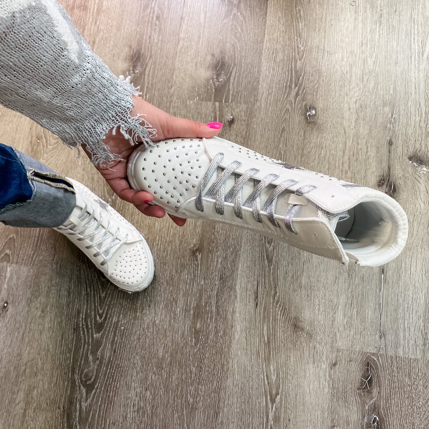 Pierre Dumas "Star Studded" High Top Side Zip Sneaker (White and Silver)