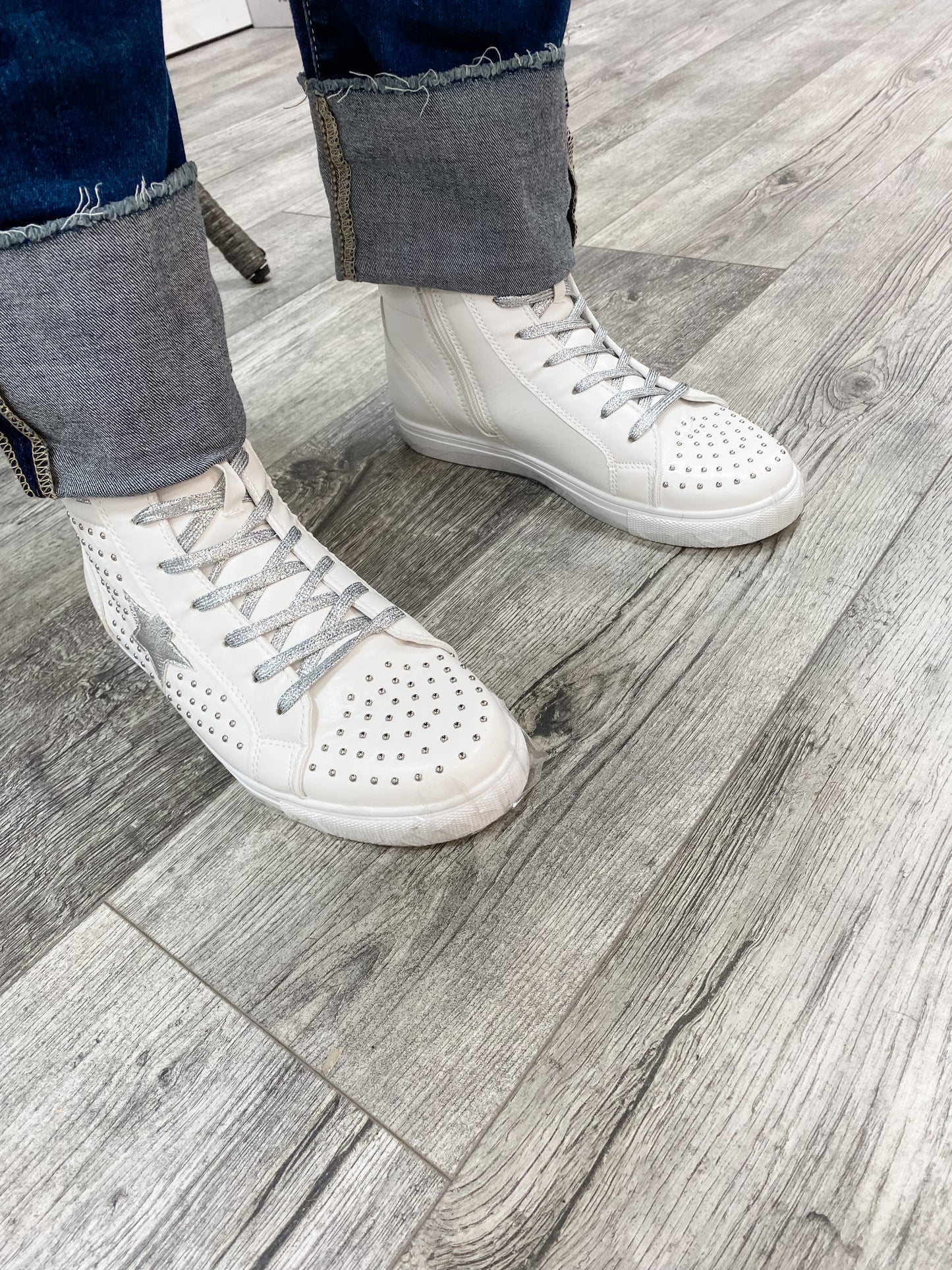 Pierre Dumas "Star Studded" High Top Side Zip Sneaker (White and Silver)
