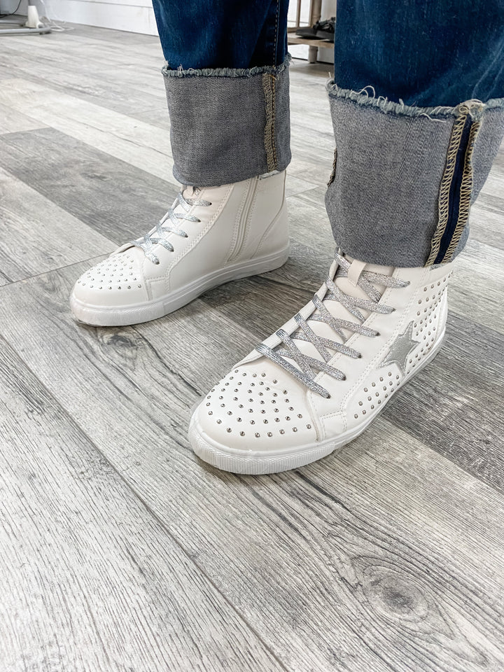 Pierre Dumas "Star Studded" High Top Side Zip Sneaker (White and Silver)