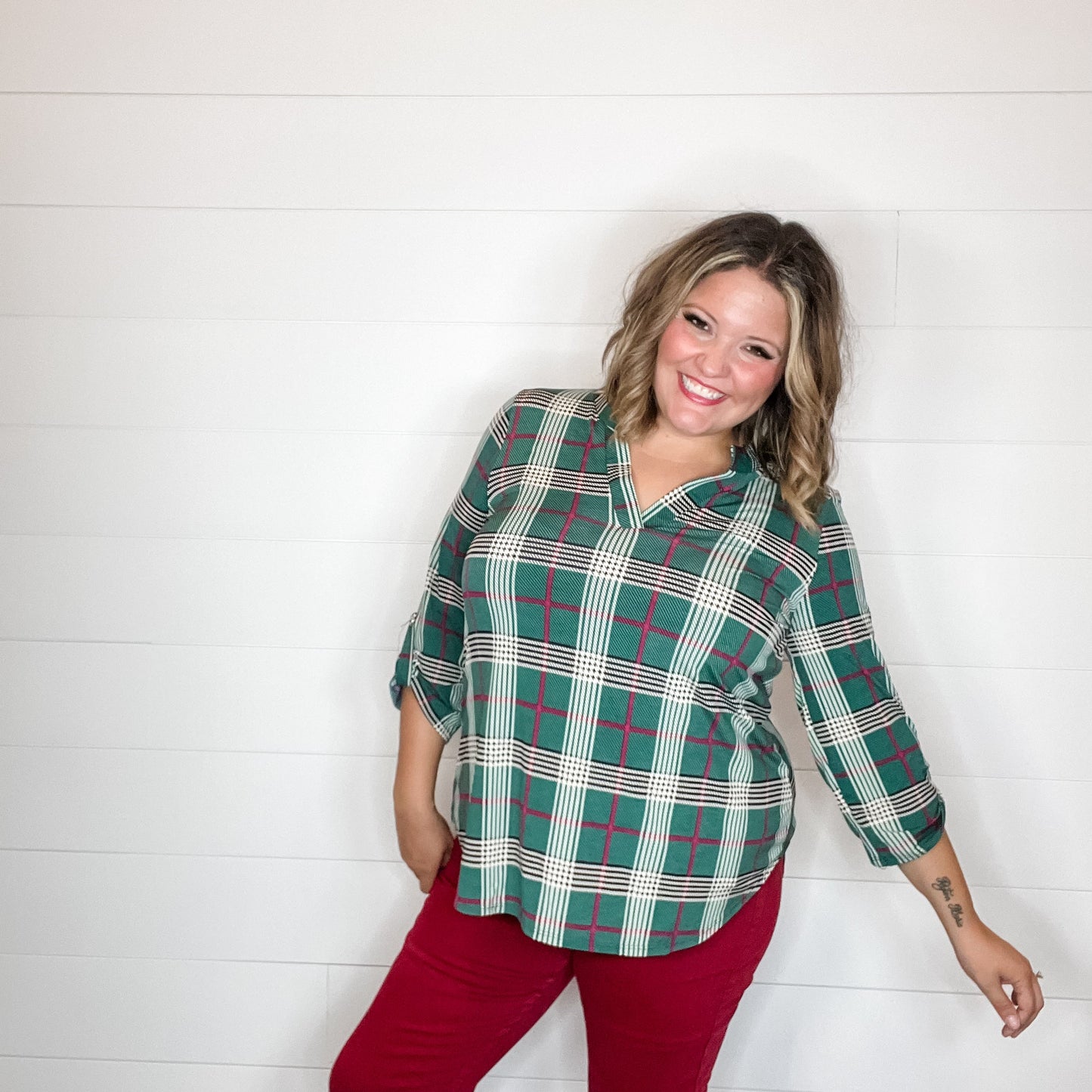 "Pinetop" Plaid Lizzy 3/4 Sleeve Split Neck
