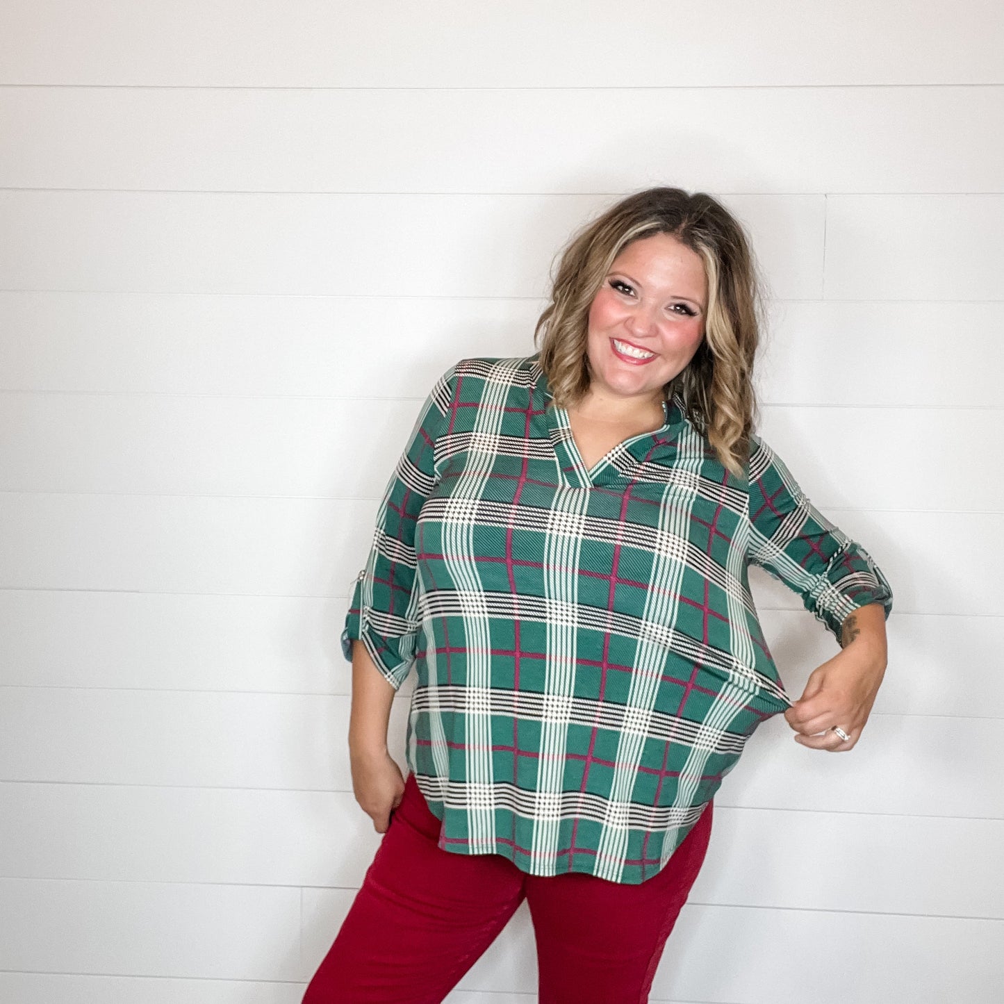 "Pinetop" Plaid Lizzy 3/4 Sleeve Split Neck
