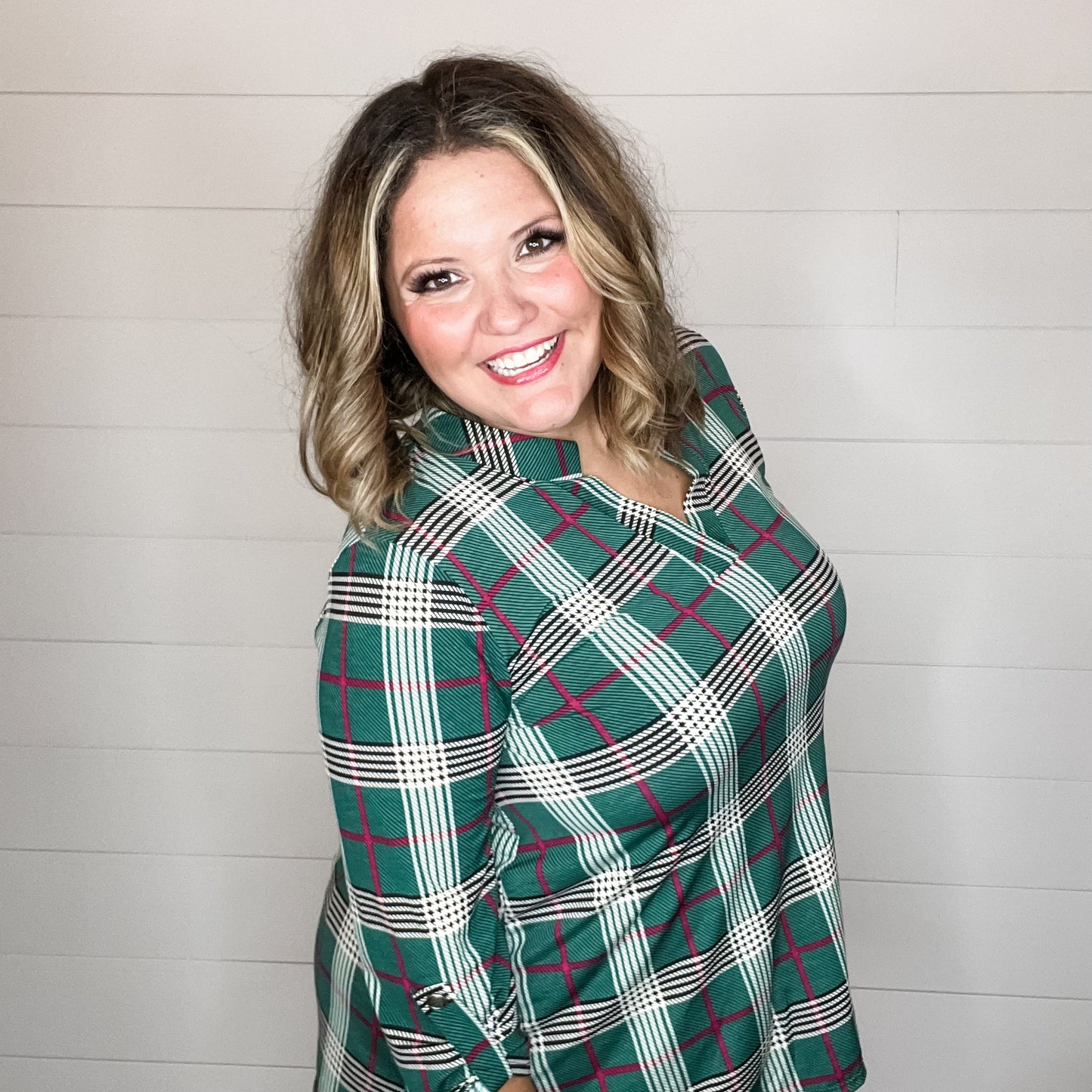 "Pinetop" Plaid Lizzy 3/4 Sleeve Split Neck