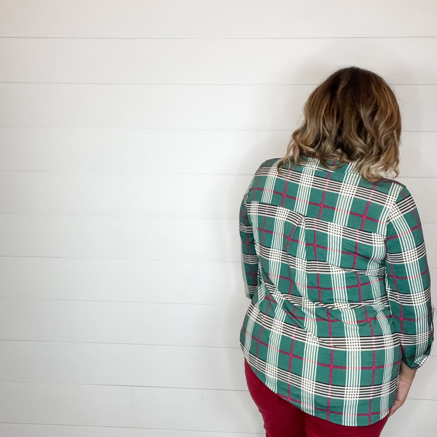 "Pinetop" Plaid Lizzy 3/4 Sleeve Split Neck