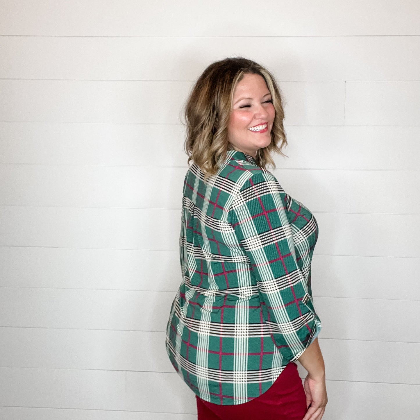 "Pinetop" Plaid Lizzy 3/4 Sleeve Split Neck